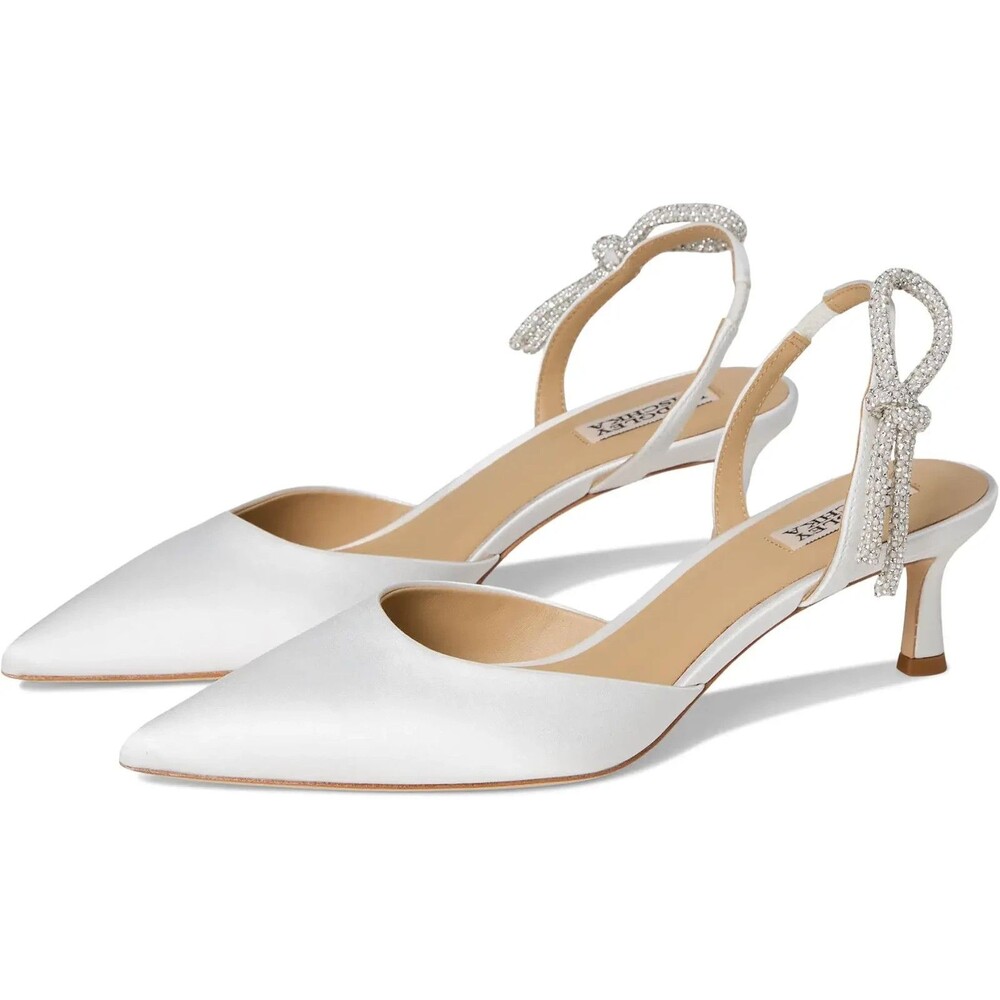 Badgley Mischka Gentry Heels Womens Sz 9 White Satin Crystal Bow Slingback NWOB